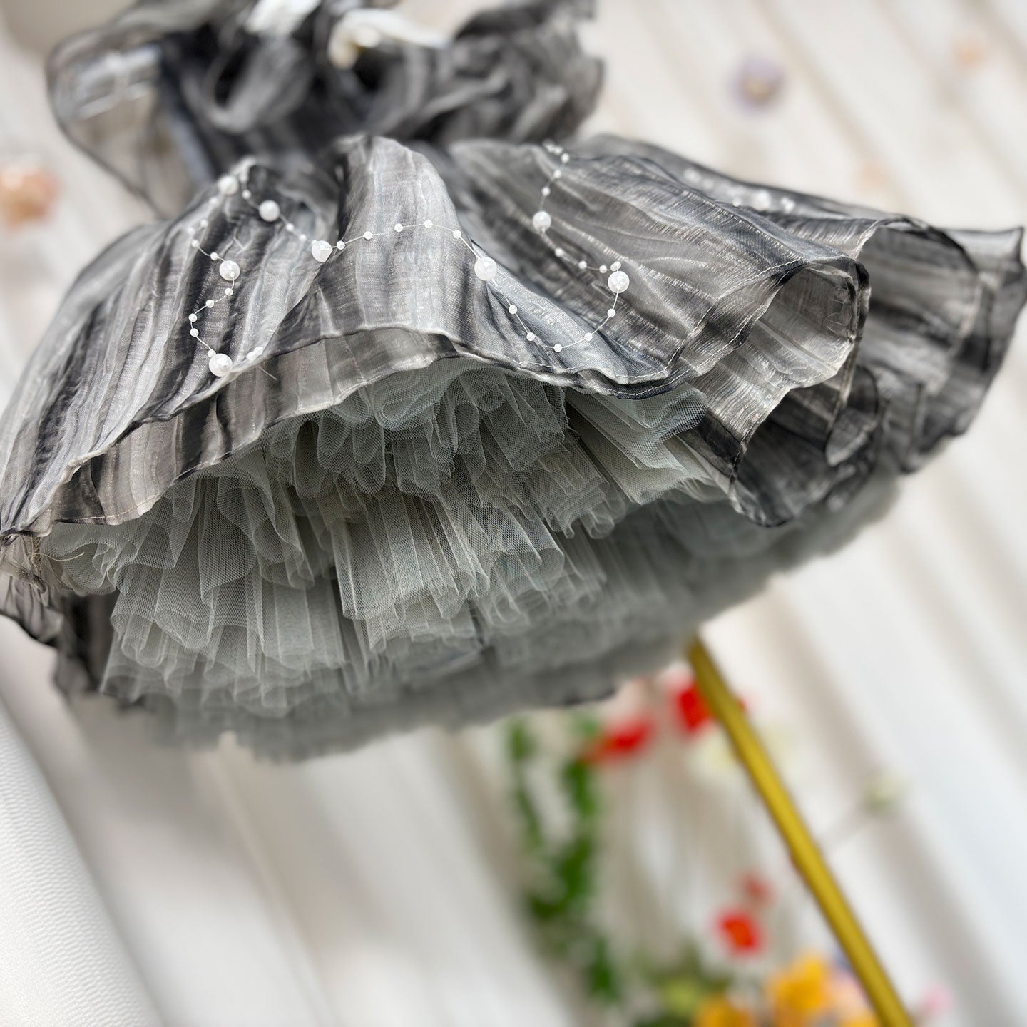 Black Baby Puffy Sleeve Pearls Knee Length Birthday Girl Dress J024