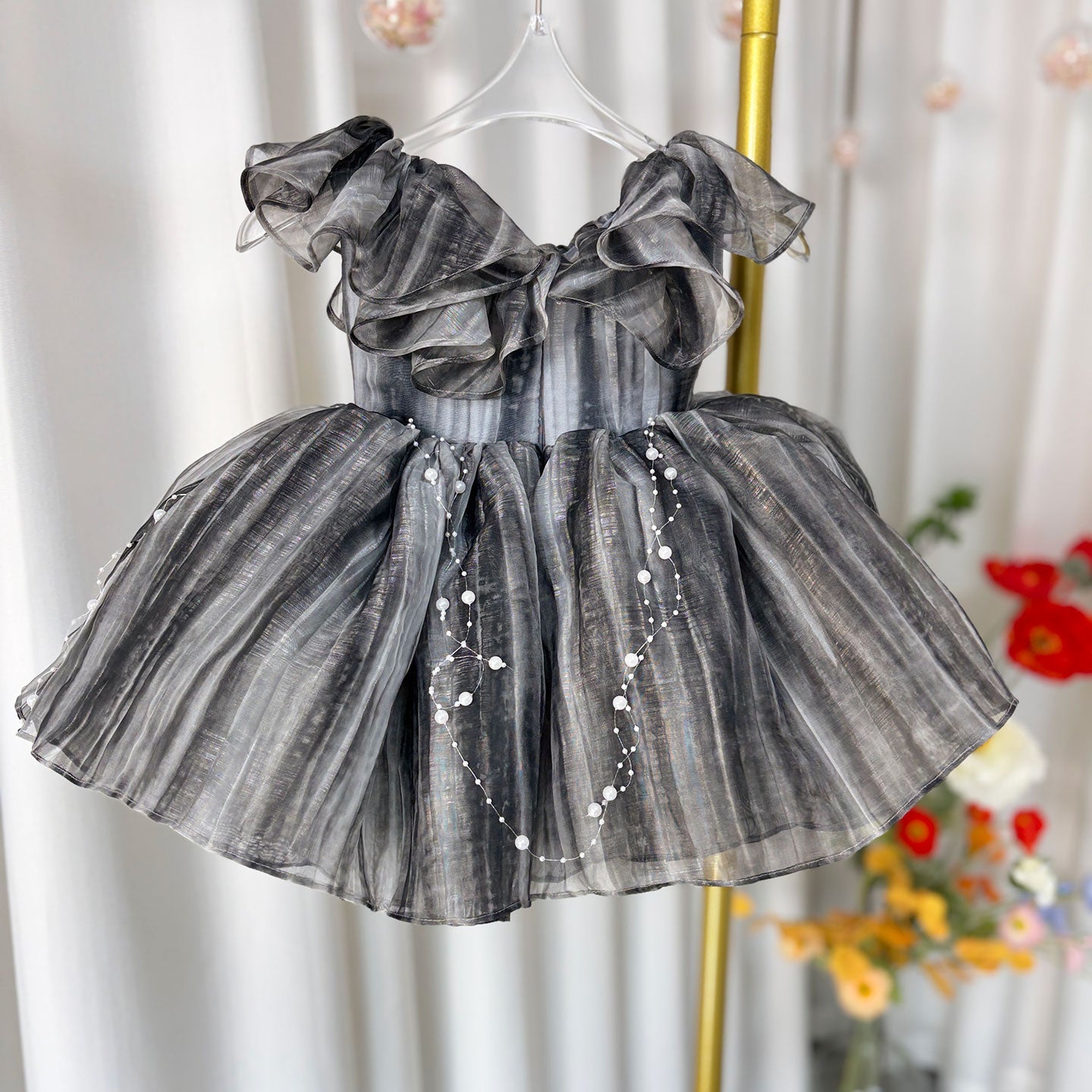 Black Baby Puffy Sleeve Pearls Knee Length Birthday Girl Dress J024
