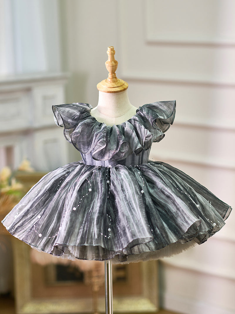 Black Baby Puffy Sleeve Pearls Knee Length Birthday Girl Dress J024