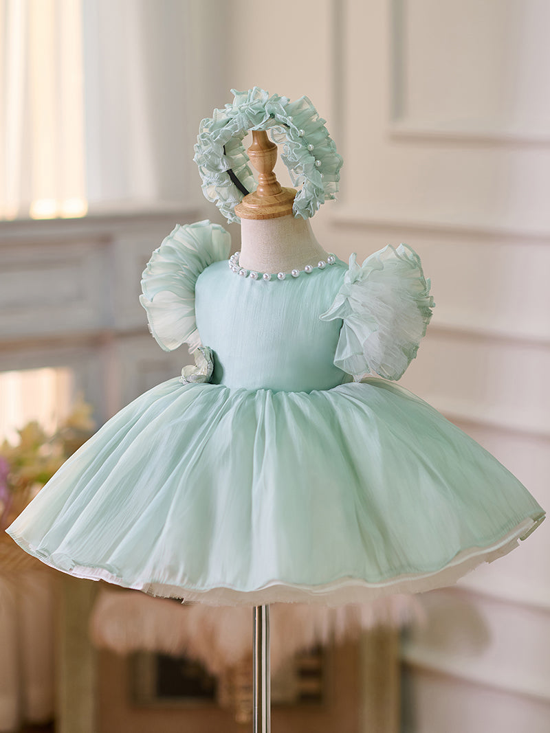 Blue/Green Baby Puffy Sleeve Adorable Girl Dress with Flowers J035