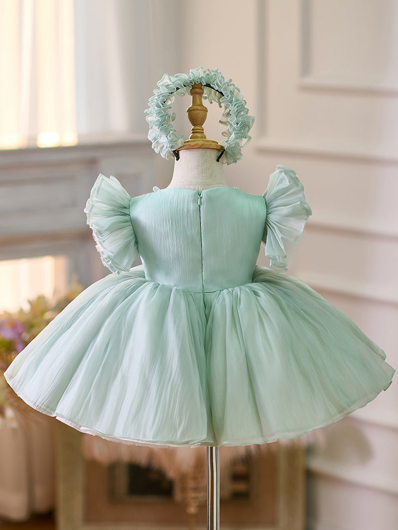 Blue/Green Baby Puffy Sleeve Adorable Girl Dress with Flowers J035