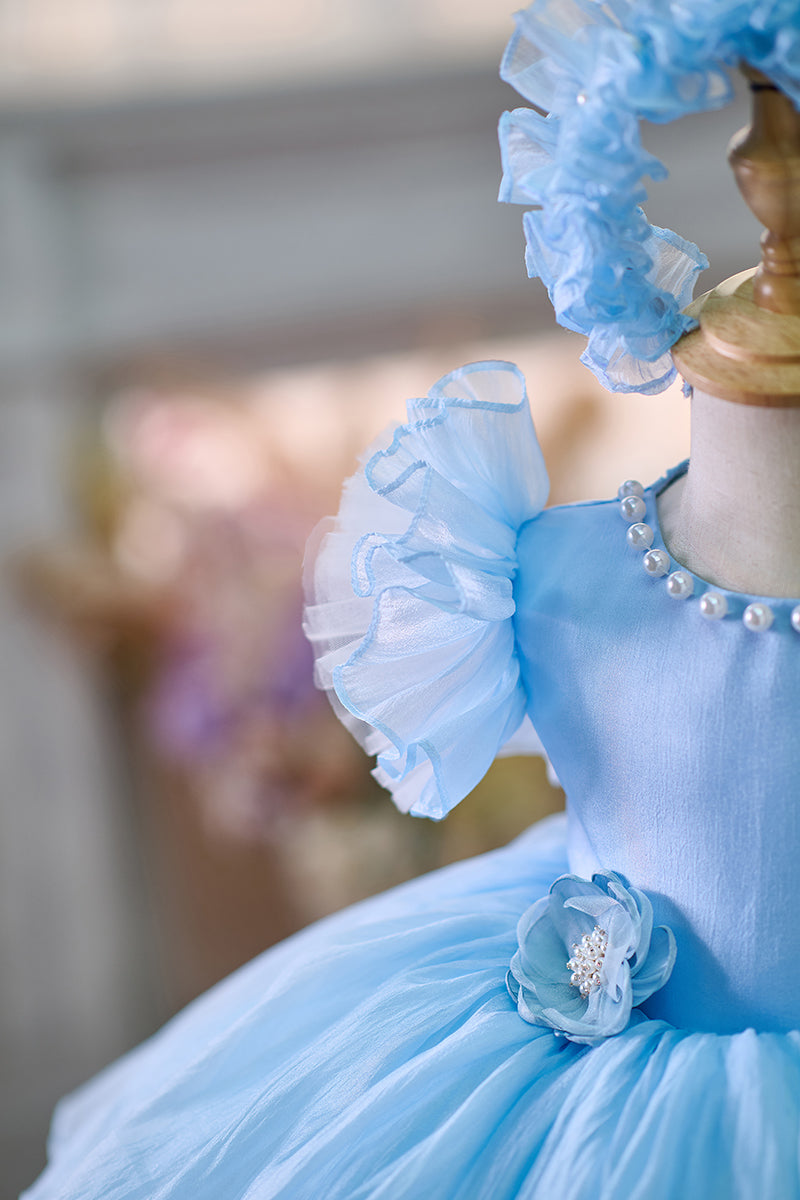 Blue/Green Baby Puffy Sleeve Adorable Girl Dress with Flowers J035