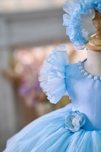 Blue/Green Baby Puffy Sleeve Adorable Girl Dress with Flowers J035