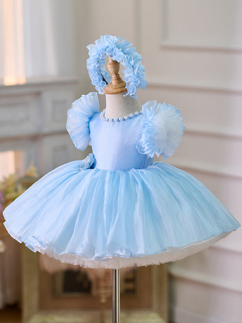 Blue/Green Baby Puffy Sleeve Adorable Girl Dress with Flowers J035