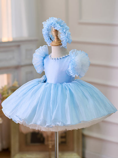 Blue/Green Baby Puffy Sleeve Adorable Girl Dress with Flowers J035