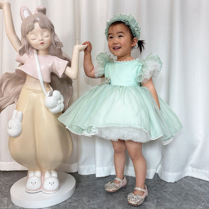 Blue/Green Baby Puffy Sleeve Adorable Girl Dress with Flowers J035