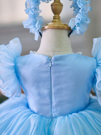 Blue/Green Baby Puffy Sleeve Adorable Girl Dress with Flowers J035