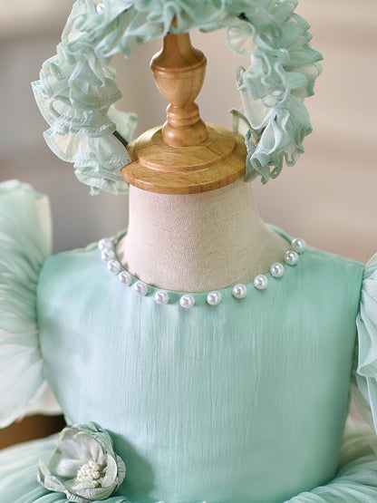 Blue/Green Baby Puffy Sleeve Adorable Girl Dress with Flowers J035