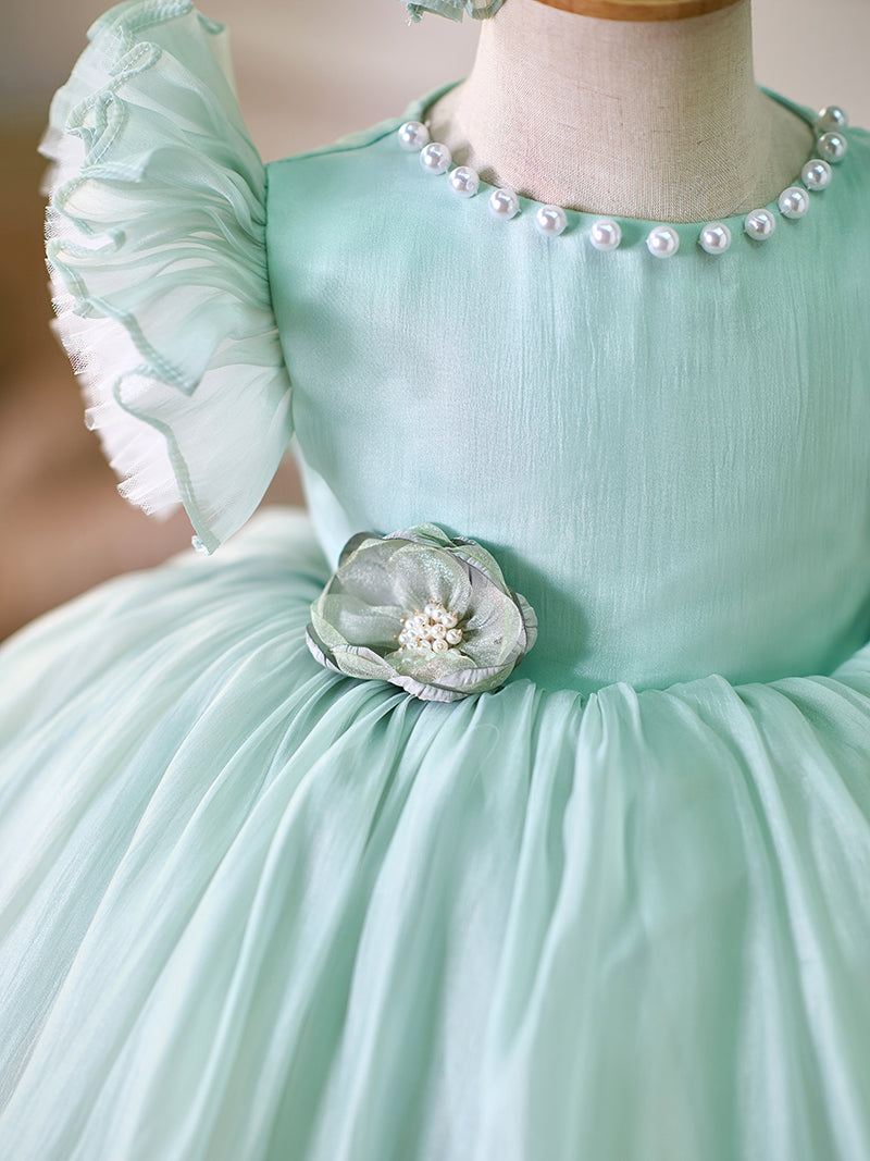 Blue/Green Baby Puffy Sleeve Adorable Girl Dress with Flowers J035