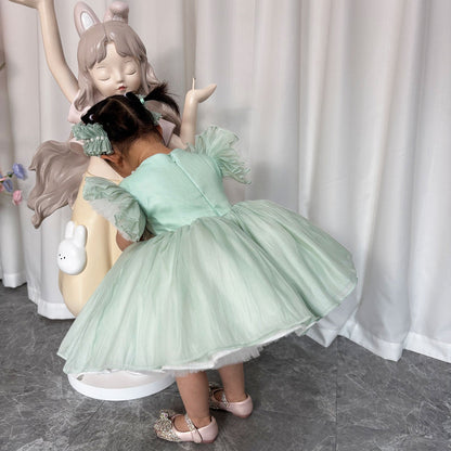 Blue/Green Baby Puffy Sleeve Adorable Girl Dress with Flowers J035