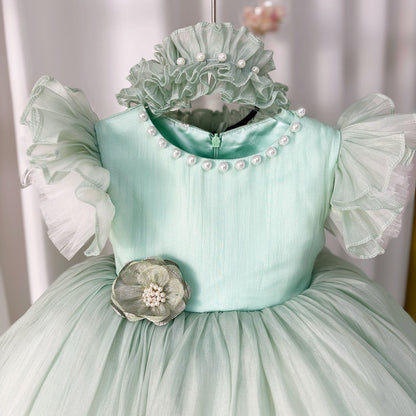 Blue/Green Baby Puffy Sleeve Adorable Girl Dress with Flowers J035