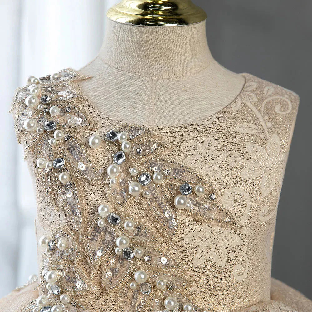 Champagne Flower Girl Dress Pearls Beading Prom Formal Gown J403