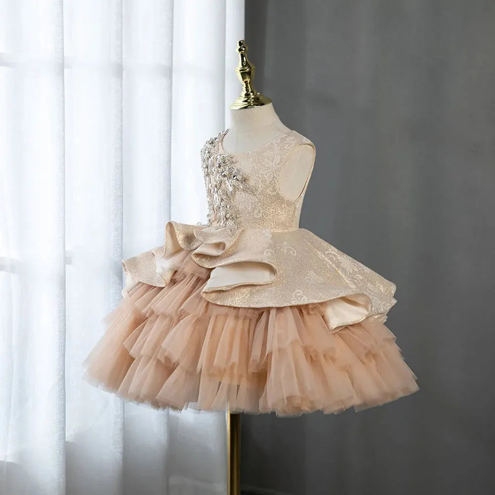 Champagne Flower Girl Dress Pearls Beading Prom Formal Gown J403