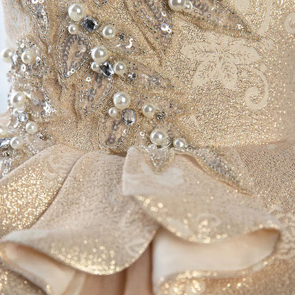 Champagne Flower Girl Dress Pearls Beading Prom Formal Gown J403