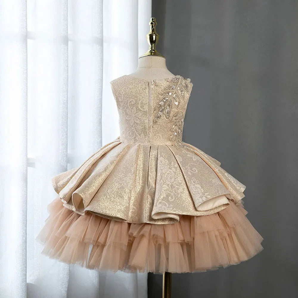 Champagne Flower Girl Dress Pearls Beading Prom Formal Gown J403