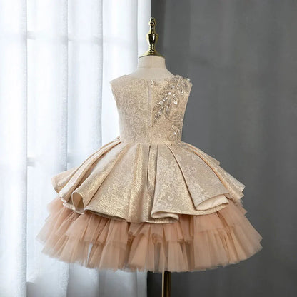 Champagne Flower Girl Dress Pearls Beading Prom Formal Gown J403
