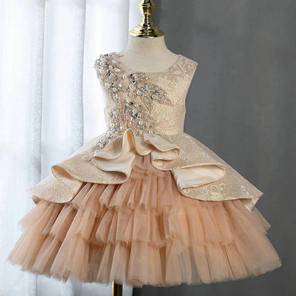 Champagne Flower Girl Dress Pearls Beading Prom Formal Gown J403
