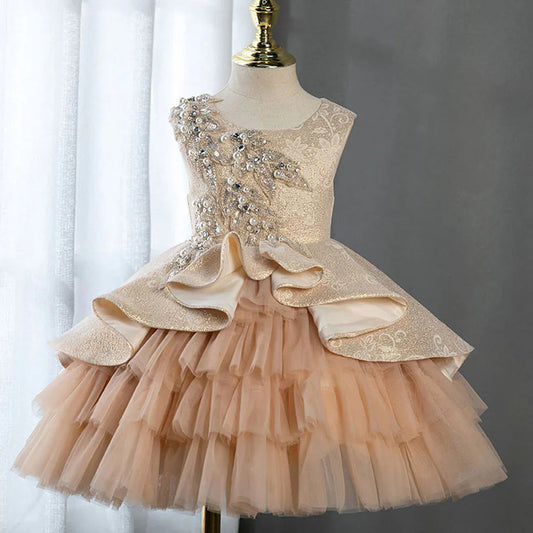 Champagne Flower Girl Dress Pearls Beading Prom Formal Gown J403