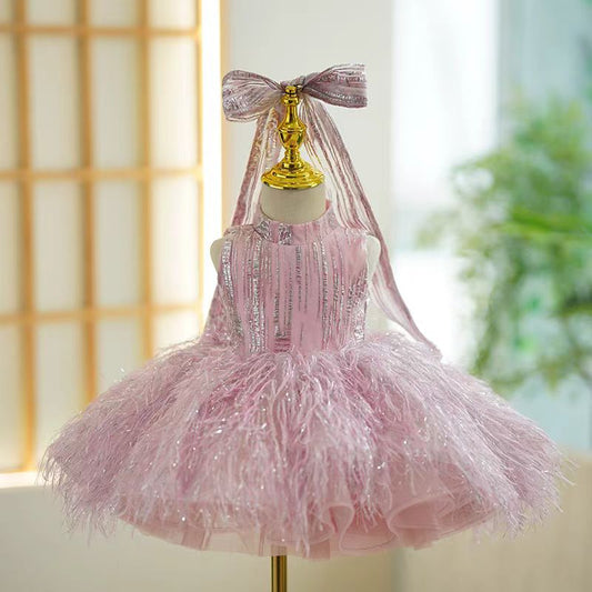 Champagne Knee Length 1st Birthday Girl Dress J315