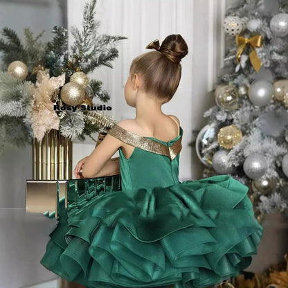Christmas Off Shoulder Satin Girl Dress Knee Length Ball Gown J284