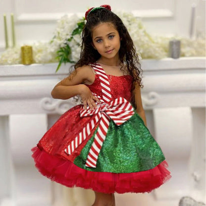 Christmas Red Knee Length with Bow Sleeveless Girl Ball Gown J280
