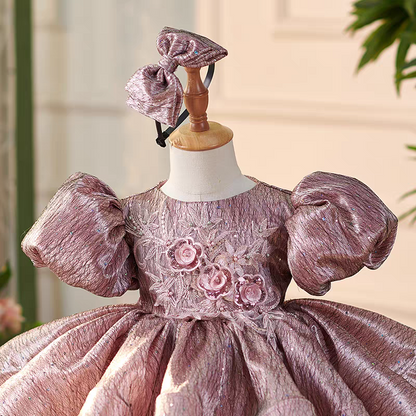 Dusty Pink Lace Knee Length 1st Birthday Girl Dress with Sleeve J312