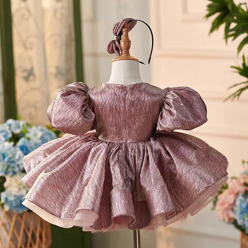 Dusty Pink Lace Knee Length 1st Birthday Girl Dress with Sleeve J312