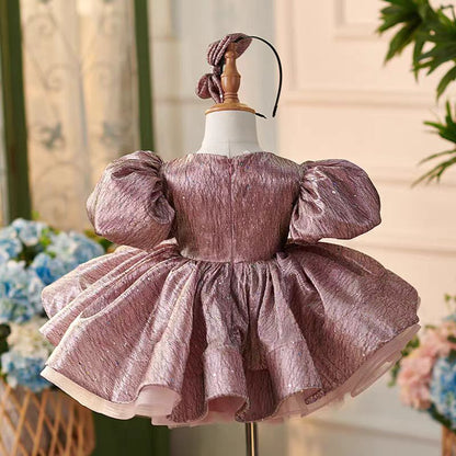 Dusty Pink Lace Knee Length 1st Birthday Girl Dress with Sleeve J312