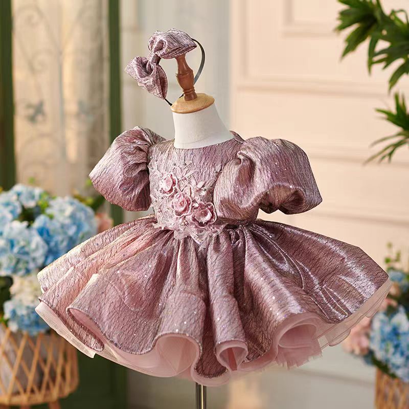 Dusty Pink Lace Knee Length 1st Birthday Girl Dress with Sleeve J312