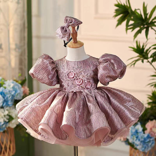 Dusty Pink Lace Knee Length 1st Birthday Girl Dress with Sleeve J312