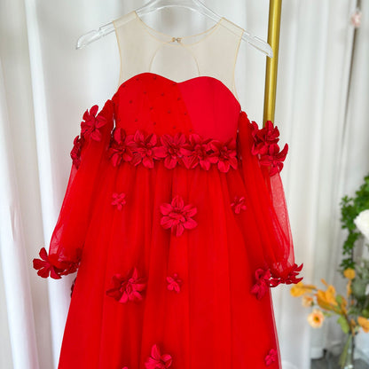 Elegant 3D Flowers Red Girl Dress Long Sleeve Princess Gown J274