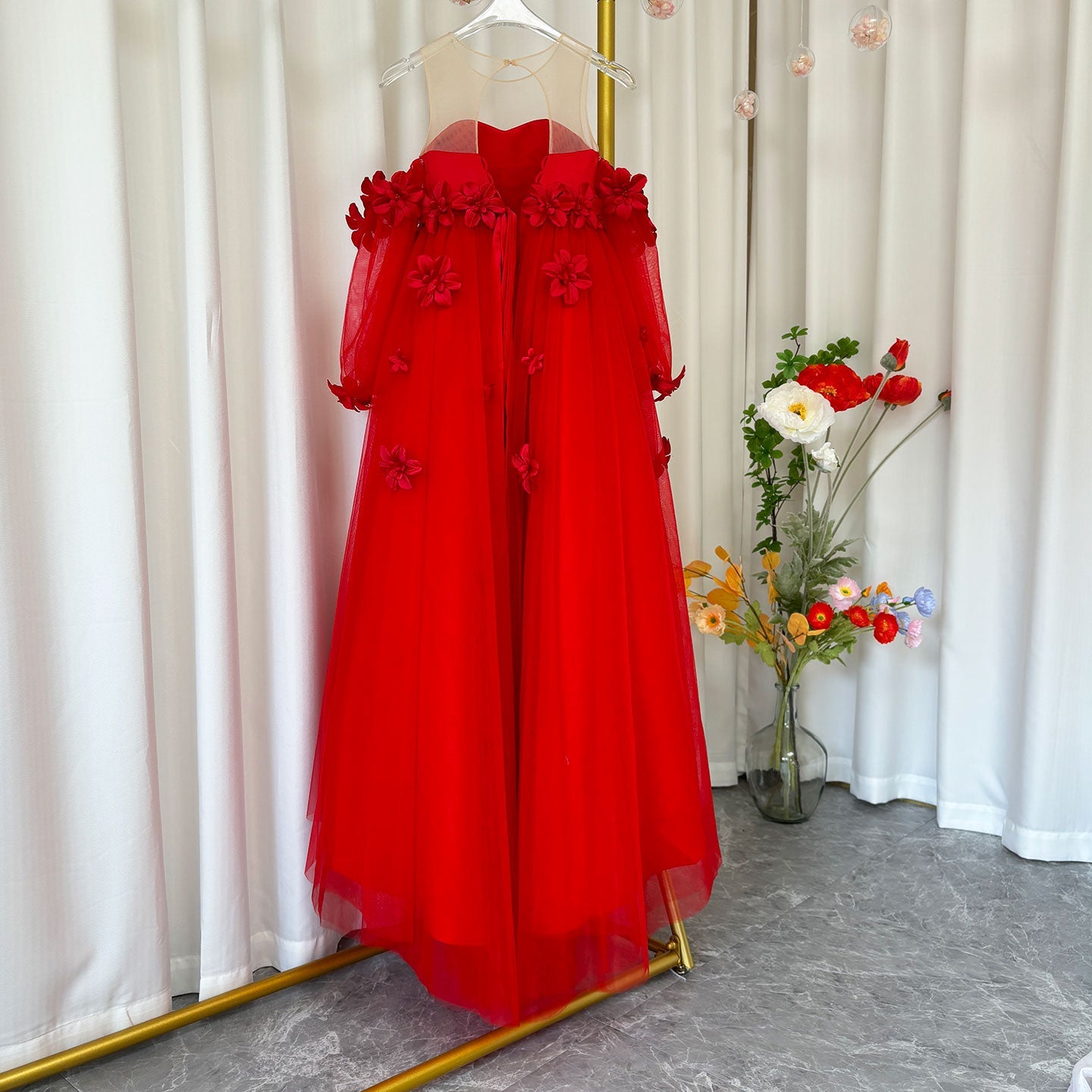 Elegant 3D Flowers Red Girl Dress Long Sleeve Princess Gown J274