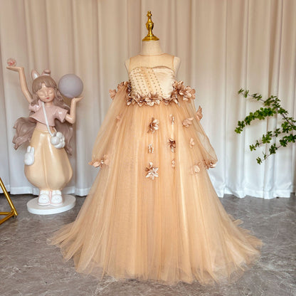 Elegant 3D Flowers Red Girl Dress Long Sleeve Princess Gown J274