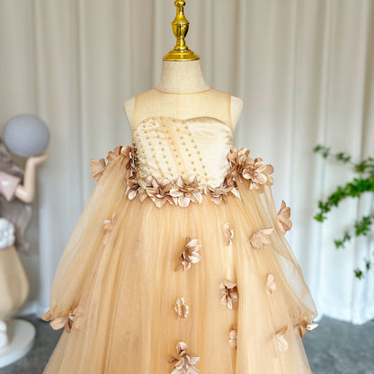 Elegant 3D Flowers Red Girl Dress Long Sleeve Princess Gown J274