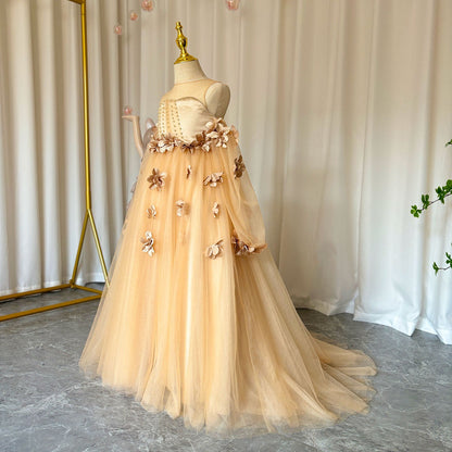 Elegant 3D Flowers Red Girl Dress Long Sleeve Princess Gown J274