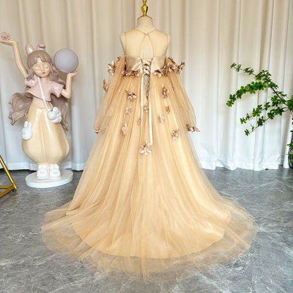 Elegant 3D Flowers Red Girl Dress Long Sleeve Princess Gown J274