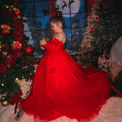 Elegant 3D Flowers Red Girl Dress Long Sleeve Princess Gown J274