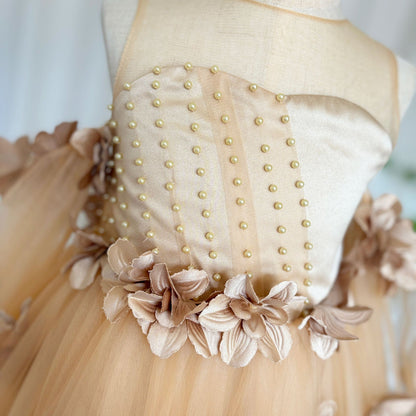 Elegant 3D Flowers Red Girl Dress Long Sleeve Princess Gown J274