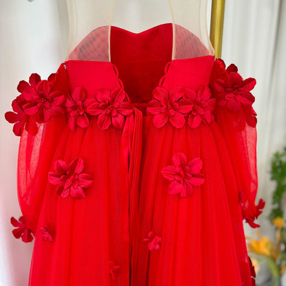 Elegant 3D Flowers Red Girl Dress Long Sleeve Princess Gown J274