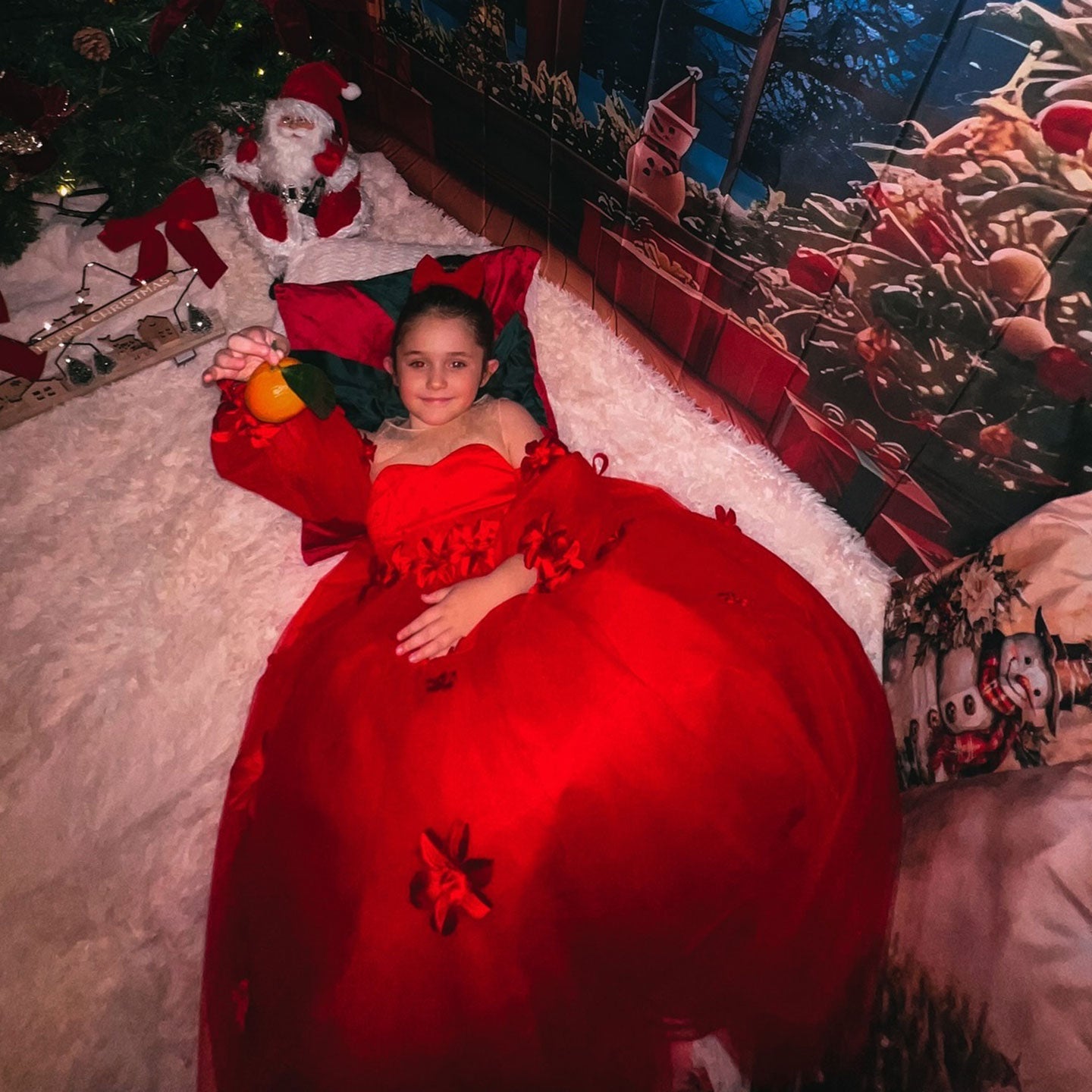 Elegant 3D Flowers Red Girl Dress Long Sleeve Princess Gown J274