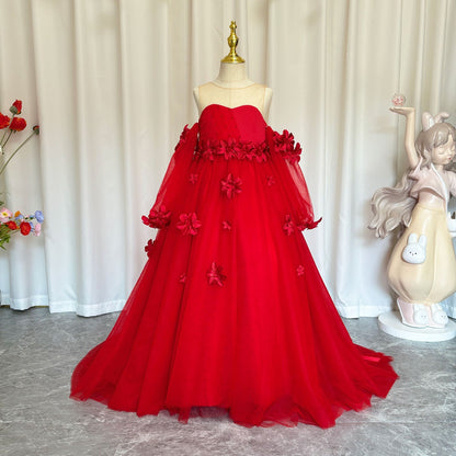 Elegant 3D Flowers Red Girl Dress Long Sleeve Princess Gown J274