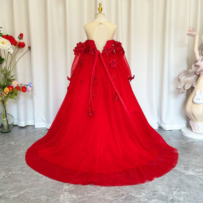 Elegant 3D Flowers Red Girl Dress Long Sleeve Princess Gown J274
