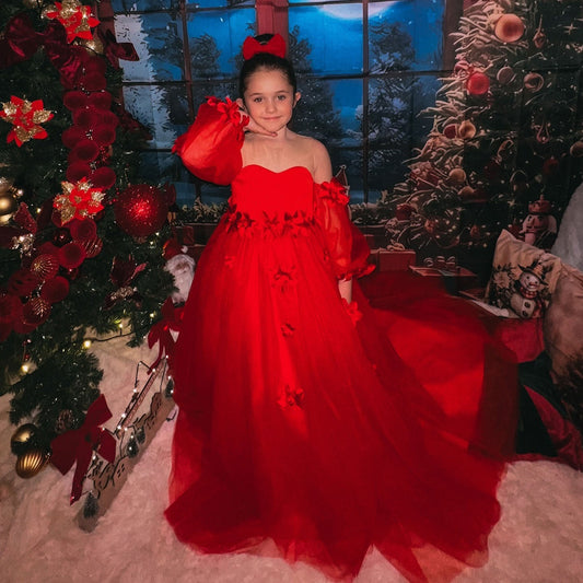 Elegant 3D Flowers Red Girl Dress Long Sleeve Princess Gown J274