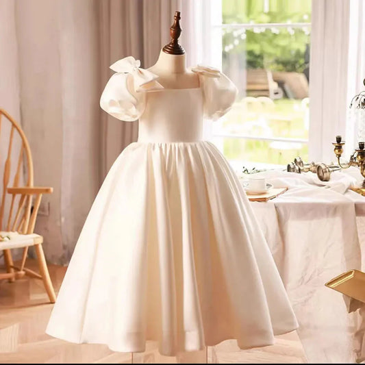 Elegant Arabic White Flower Girl Dress Satin Princess Gown J240