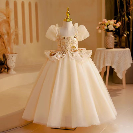 Elegant Beige Dubai Girl Dress Beading Arabic Princess Kids J243