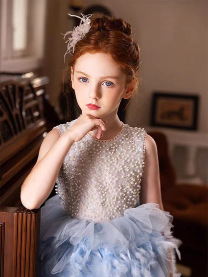 Elegant Blue Feathers Girl Dress Pearls Princess Gown J299
