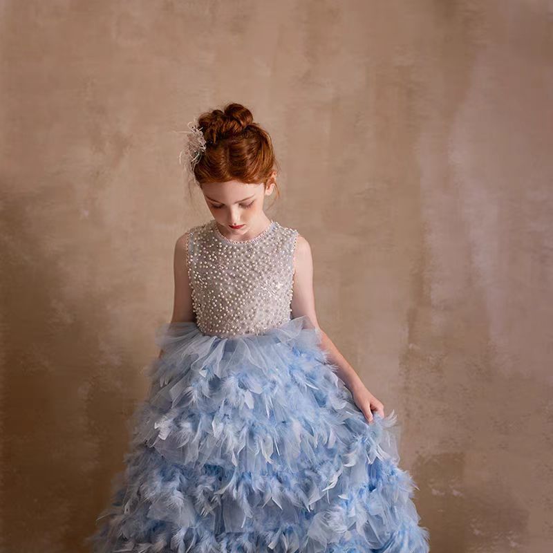 Elegant Blue Feathers Girl Dress Pearls Princess Gown J299