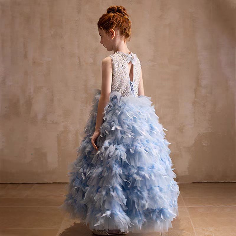 Elegant Blue Feathers Girl Dress Pearls Princess Gown J299