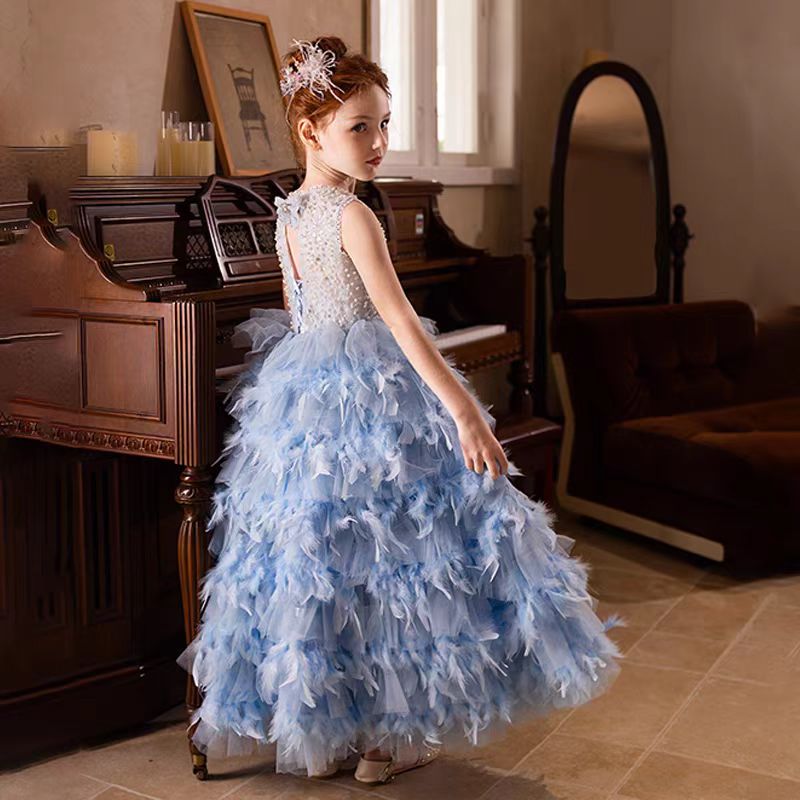 Elegant Blue Feathers Girl Dress Pearls Princess Gown J299