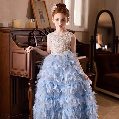 Elegant Blue Feathers Girl Dress Pearls Princess Gown J299